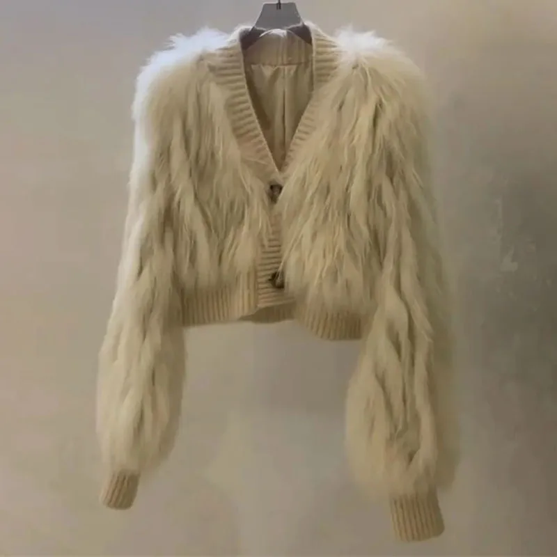 

Европейская женская шуба из искусственного меха с v-образным вырезом, осенне-зимняя женская модная лоскутная плюшевая верхняя одежда, 2025 г., женская меховая куртка с длинными рукавами