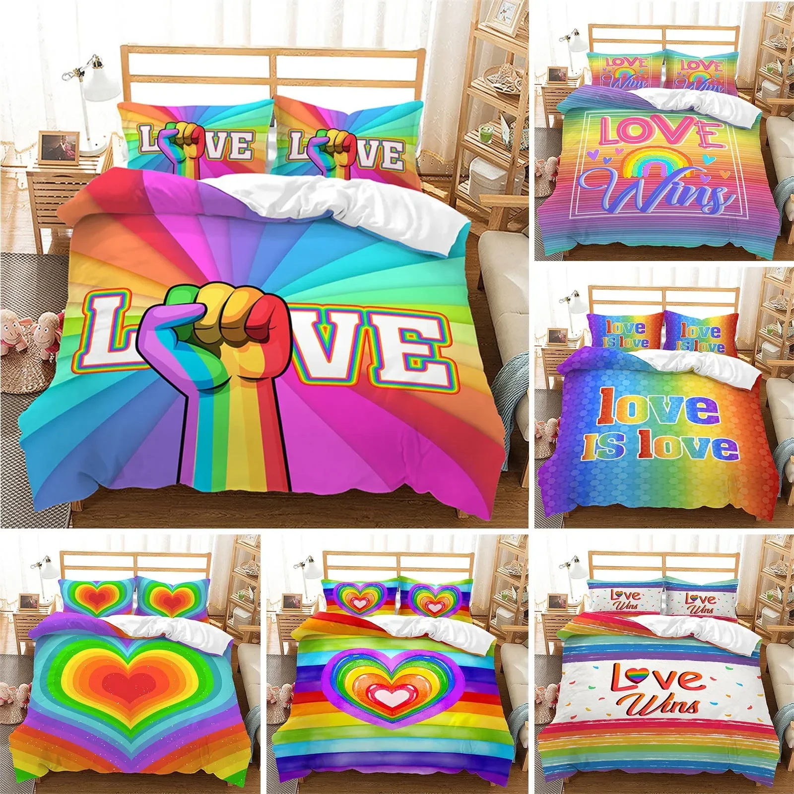 Rainbow Pride Bedding Set Rainbow Flags Duvet Cover Set Rainbow Stripe Design 3 Pieces Soft Microfiber Bedding Queen/King Size