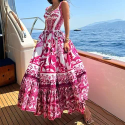 JAMERARY 2026 Summer Runway Red White Porcelain Floral Print Long Maxi Beach Dresses Women Straps Sundress