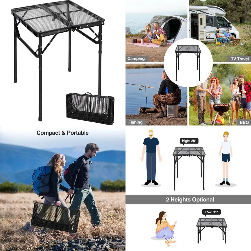 Compact Outdoor BBQ Grill Table, Square Design, Adjustable Height, 24x24, Black