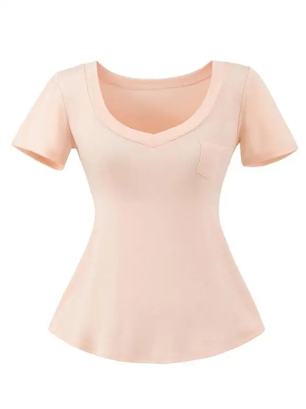 Sexy Sweet-and-Spicy Ort-Slee T-Shirt mit herzförmigem Kragen, tailliertem Ket-Detail, Street-Sle-Sommeroberteil für Damen