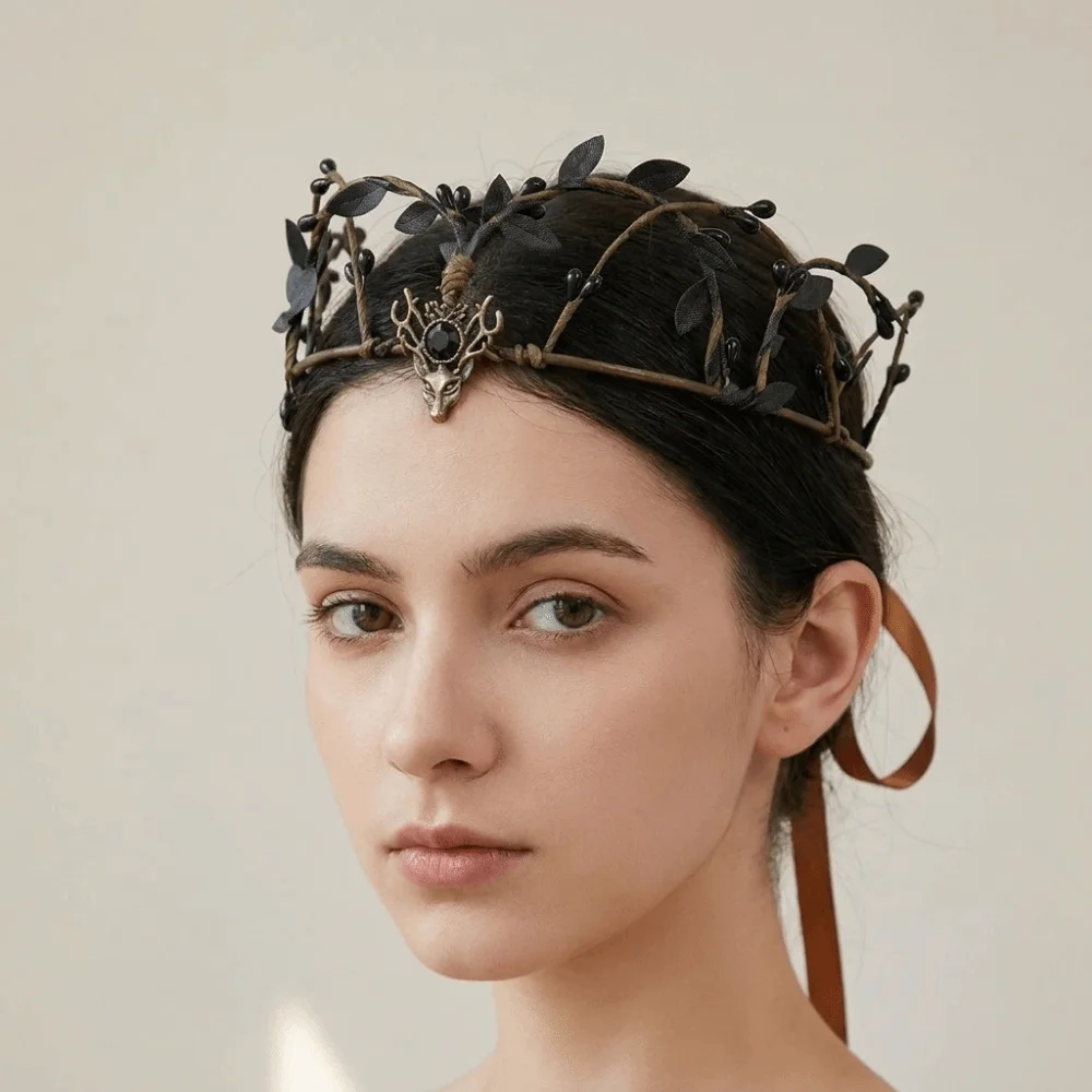 Flower Vine Elven Crown Fantasy Rhinestone Decorated Elf Tiara Diadem Simulate Tree Leaves Fairy Headpiece Forest Wedding