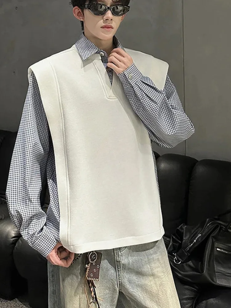 Fake Two-piece Men's T-shirts Turn-down Collar Plaid Patchwork Contrast Color Tees Long Sleeved Pullover Male Tops DC4E