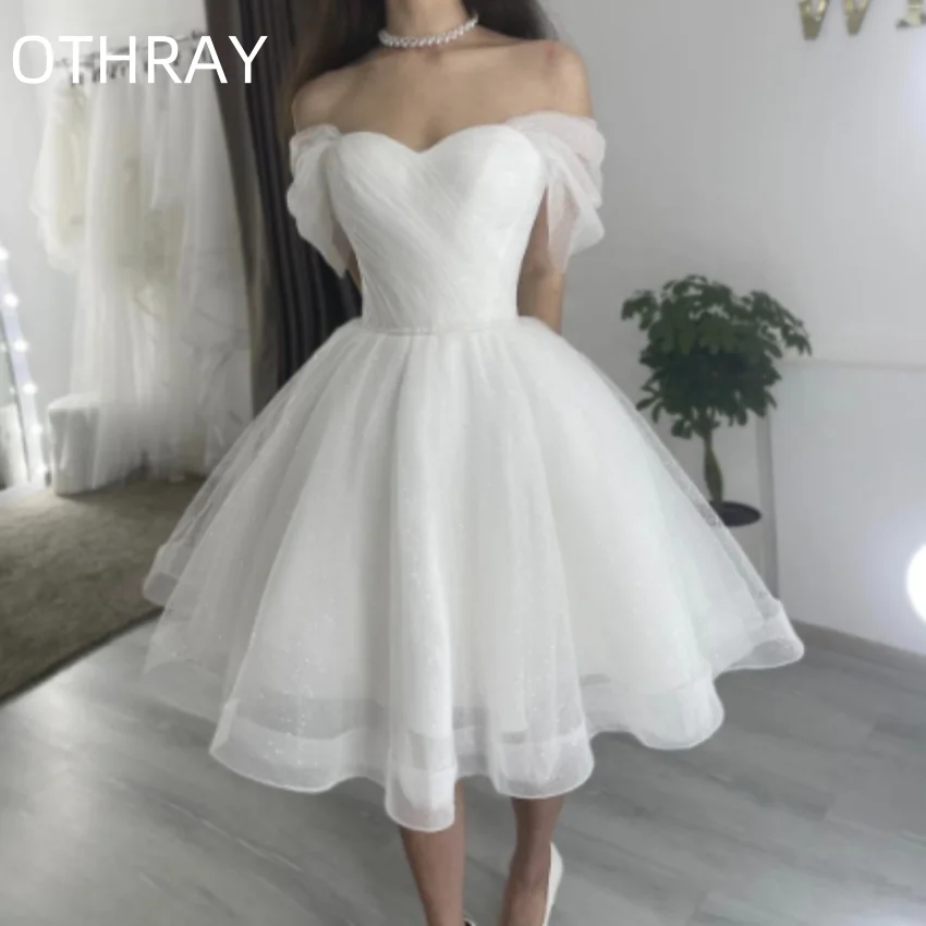 Customized Lace Up Back Off The Shoulder Knee Length For Women Bridal Gowns Short Sparkly Sweetheart Wedding Dress