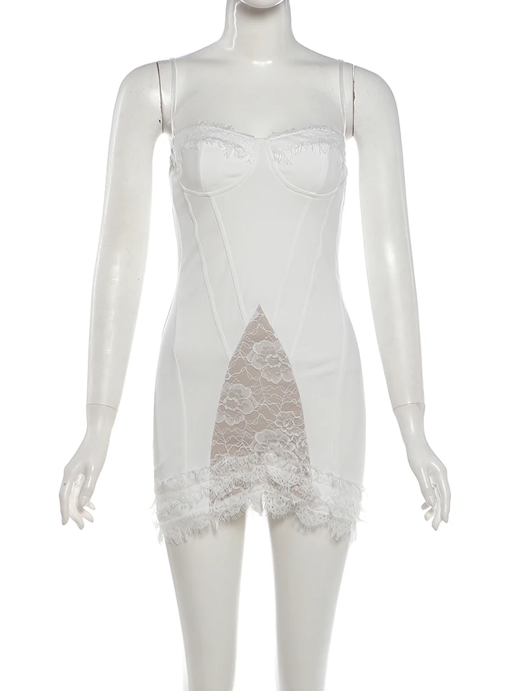 Weird Puss Spitzenkleid für Damen, tief ausgeschnittenes, unregelmäßiges Saumdesign, ärmellos, figurbetont, mit dekorativen Fischgräten, sexy, für Mitternachtspartys, Mini-Bodycon-Kleid – Detail 3