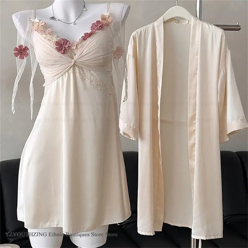 

Summer New Satin Nighty&Robe Set Sexy Applique Lace Nightgown Intimate Lingerie Elegant Womens Matching Sets Sleepwear Homewear