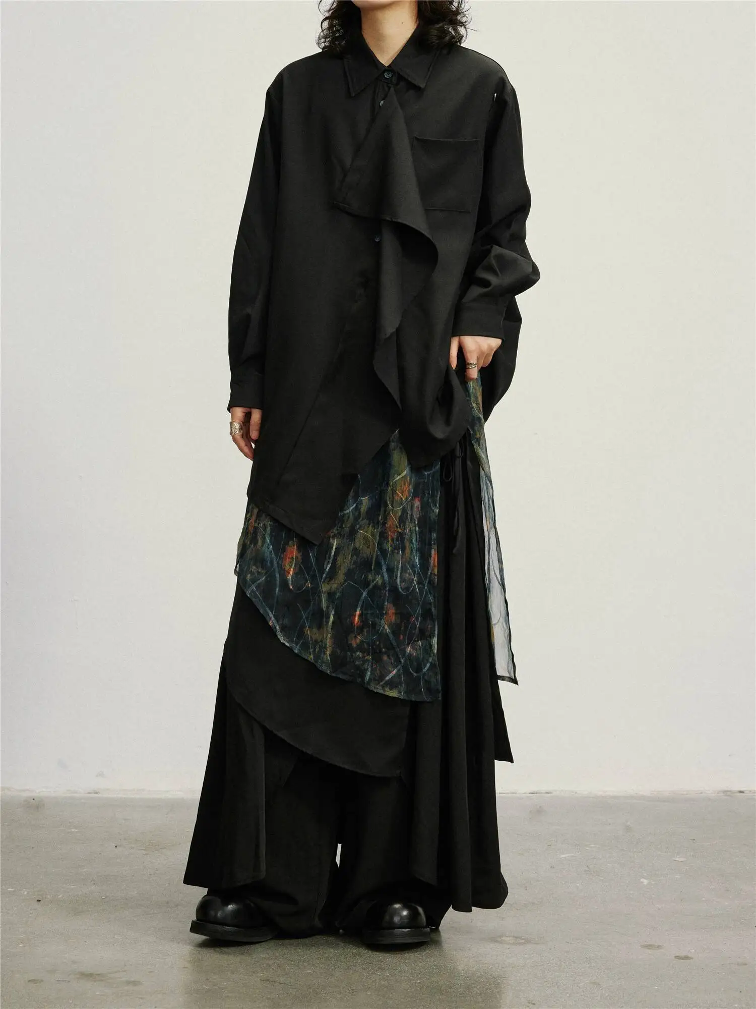 UMI MAO المتخصصة تصميم الفني طباعة طبقة مزدوجة ميدي تنورة تنوعا منتصف طول الطبقات تنورة المئزر فام