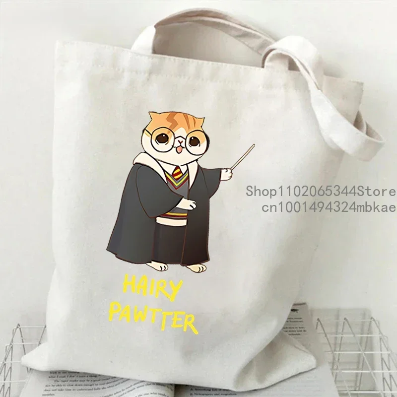 Potter gatos bolsa de lona feminina sacos de ombro harajuku animal gato engraçado sacola reutilizável saco de compras potter gatos bolsas femininas