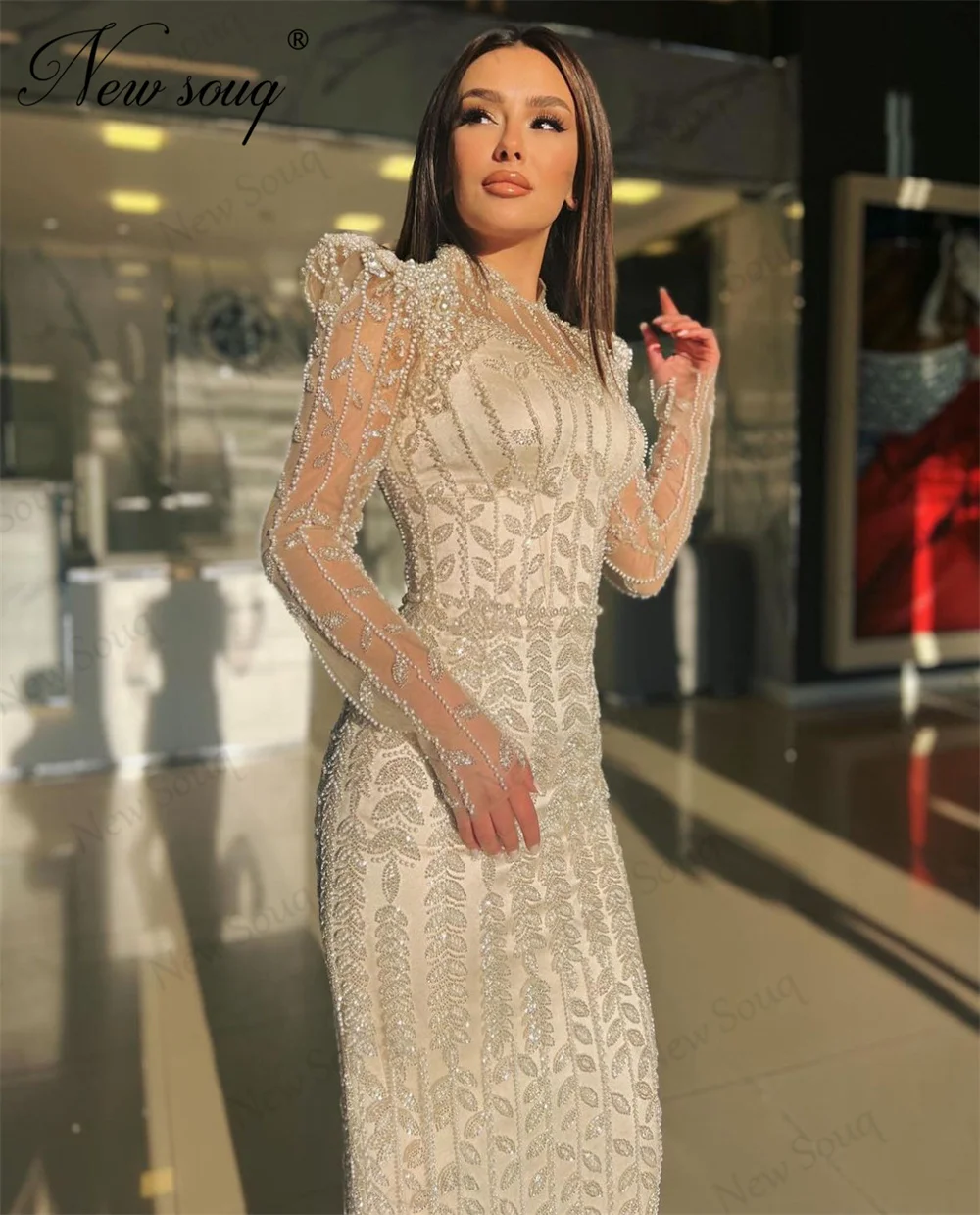 

Vintage Beading Sequins Evening Dresses Straight Formal Long Sleeves Middle East Evening Gowns Cocktail Party Dress Engagement