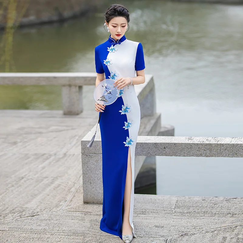 Long Runway Cheongsam, Young 2024 New Slim Fit Performance Cheongsam Dress, Elegant Blue And White Gossip Color Matching Female