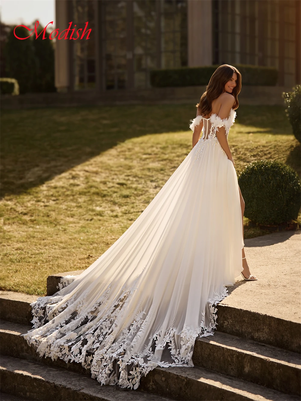 فستان زفاف شيفون أبيض ناعم مخصص مثير على شكل قلب عاري الكتفين زي العرائس بوهو على شكل حرف a ذيل محكمة رداء de mariée #4