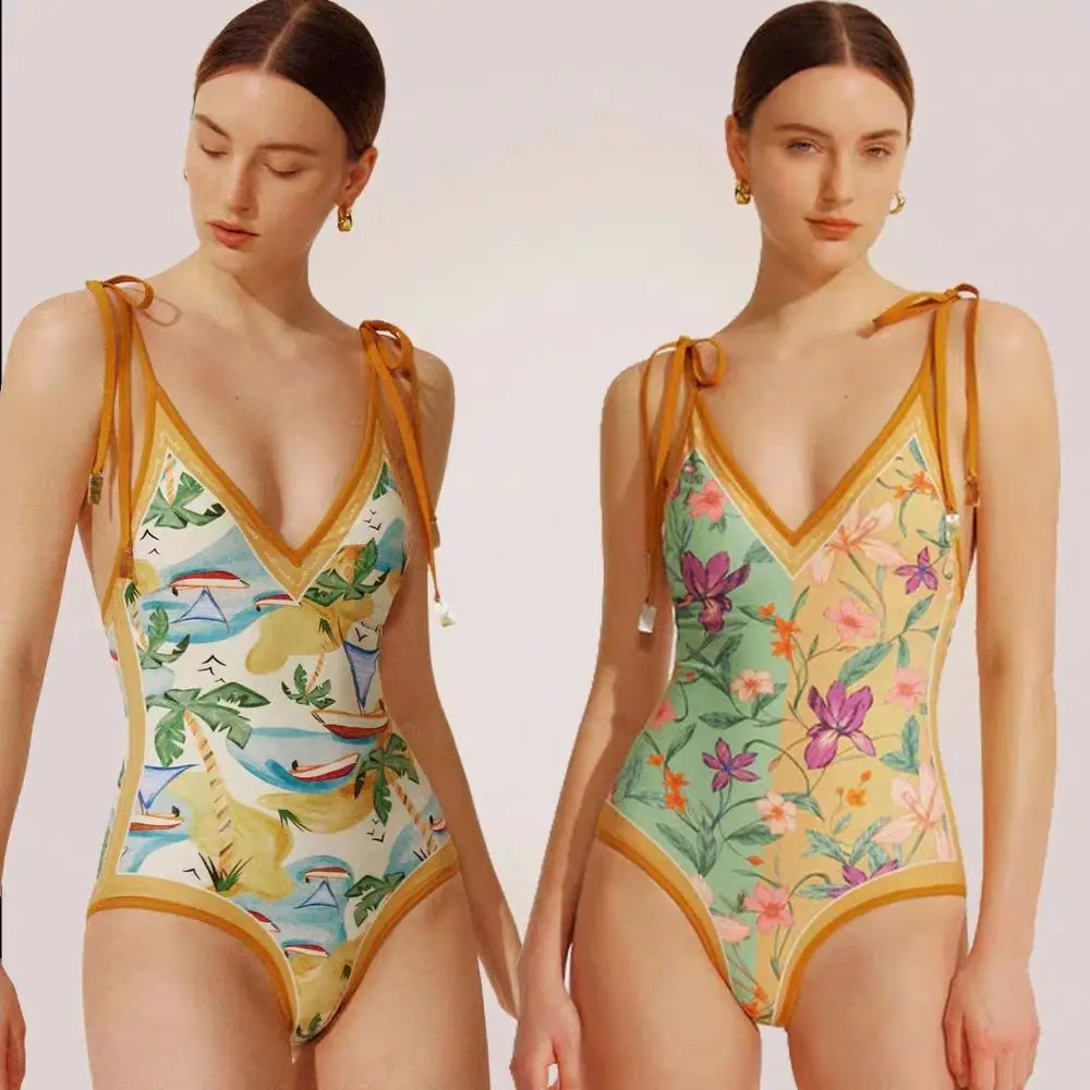 Hot spring swimsuit for women wearing double-sided printed jumpsuit, sexy yellow, large size lace up