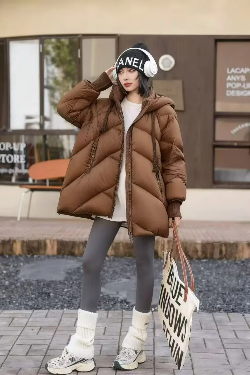 Winter Mid-length Diamond Hooded Down Jacket Women White Duck Down Warm Thick Outwears Female Double Zipper Parker Down Jacket