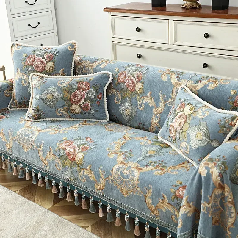 Fodera per divano con nappa di lusso europea Fodera per divano 1/2/3/4 posti Jacquard Fiore Singolo Mobili Reclinabile Chaise Divano Asciugamano