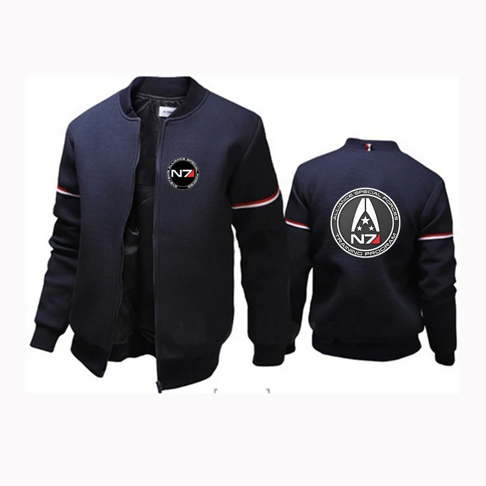 2024 Spring Autumn Men's N7 Mass Effect Logo Print High Street Trendy Sports Round Neck Solid Color Loose Cardigan Flight Jacket