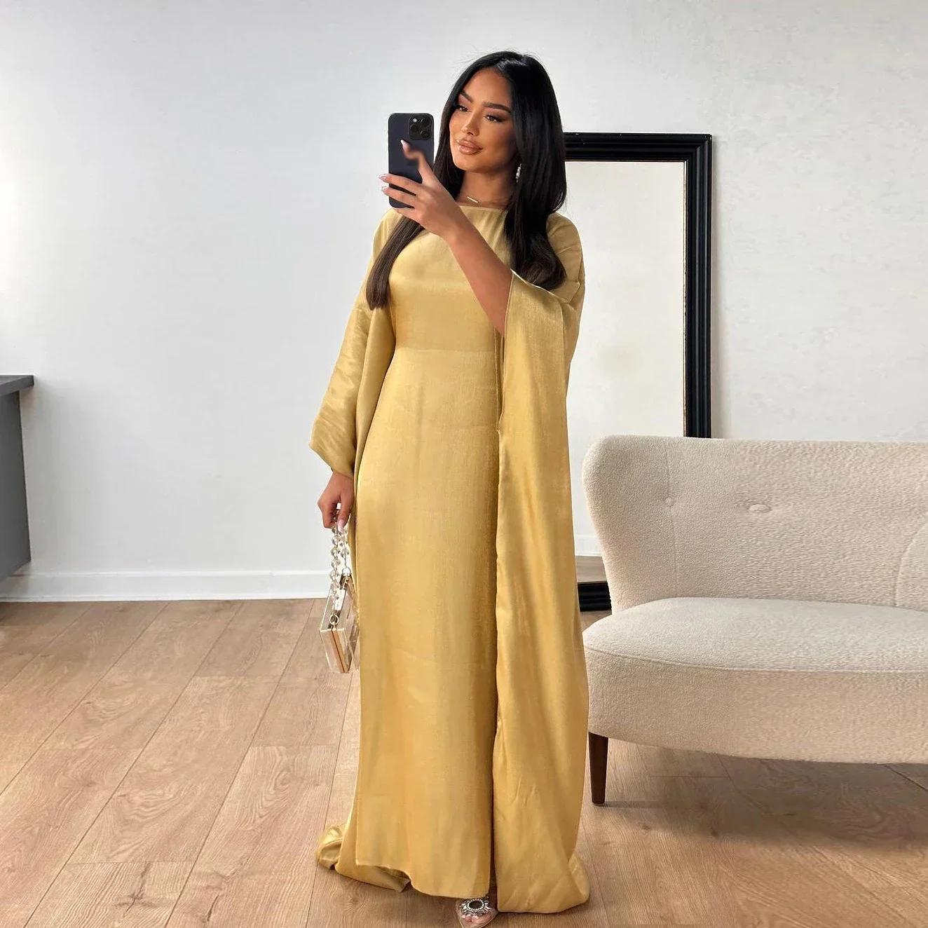 

Dubai Satin Abayas Evening Party Maxi Dresses for Women Muslim Modest Abaya Eid Ramadan Kaftan Robe Djellaba Islamic Prayer Gown