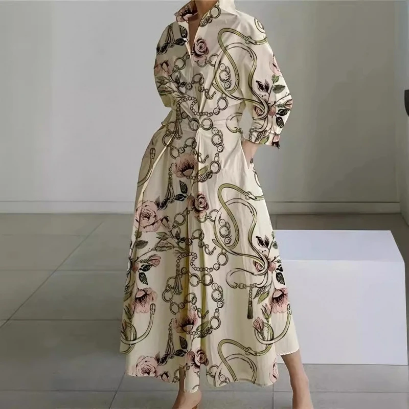 Spring Dress Elegant Maxi Dresses For Women 2025 Casual V Neck Long Sleeve Dot Print Shirt Party A-line Long Dress Robe Femme