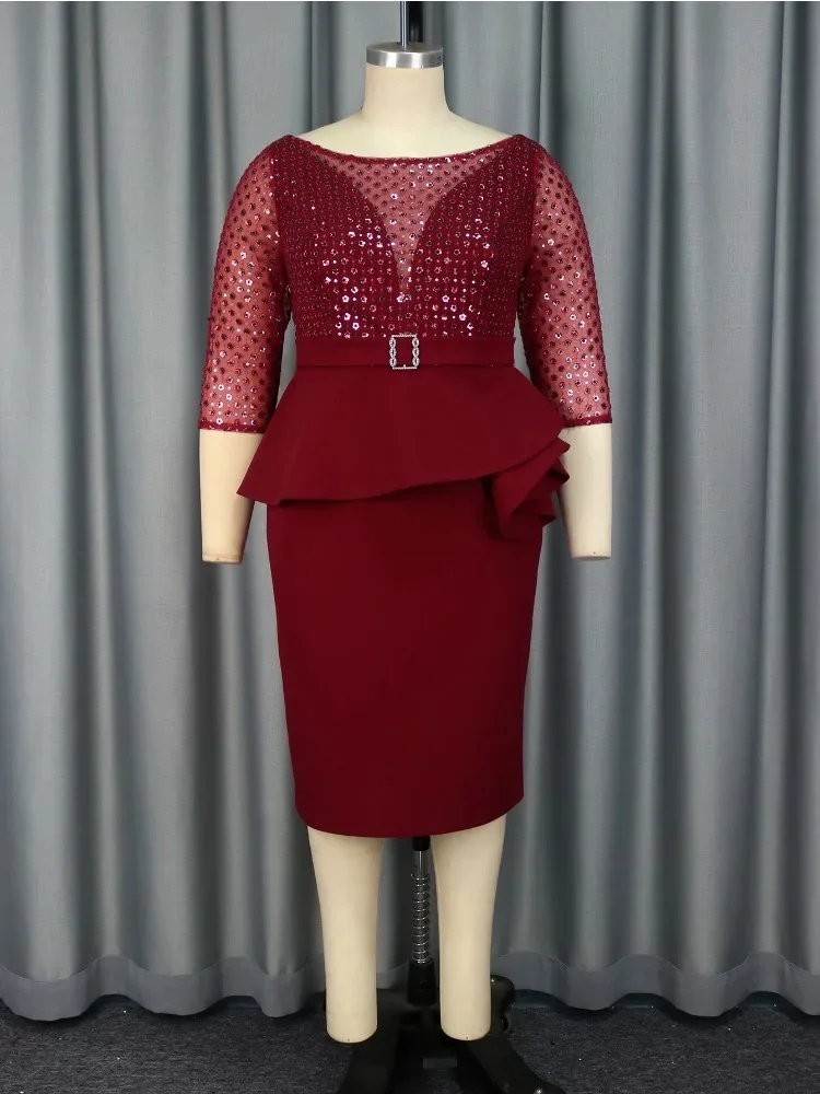 Dashiki African Dresses for Women Wedding Guest Dresses Plus Size Three Quarter Sleeve Banquet Ruffle Dresses Burgundy Color