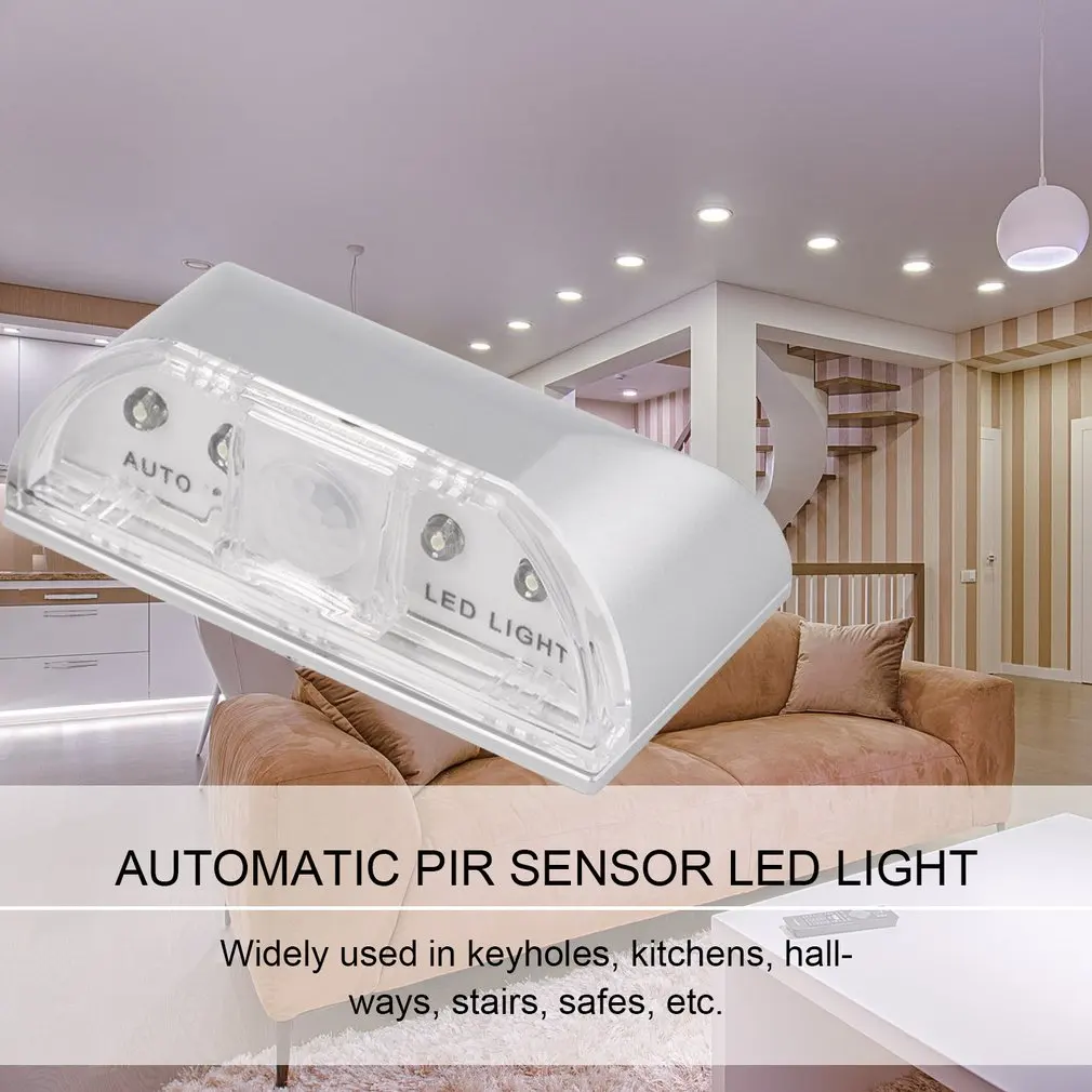 Luz noturna LED com sensor de movimento, Auto PIR Porta Lâmpada, Detector Keyhole, Prata, 4LED