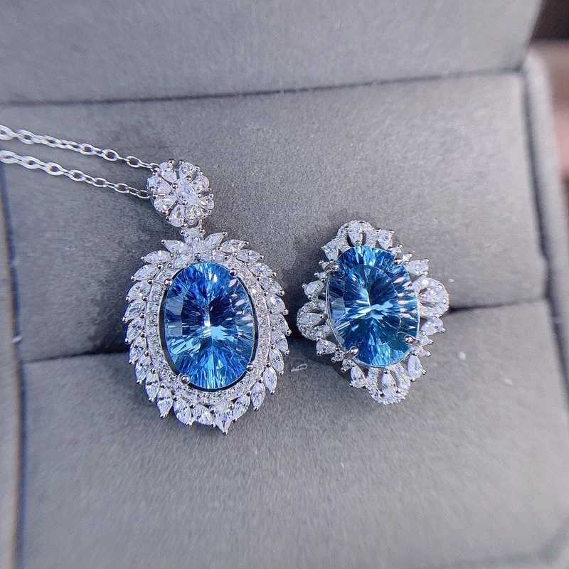 

New Arrival Aquamarine Topaz Open Ring Female Pendant Necklace Set