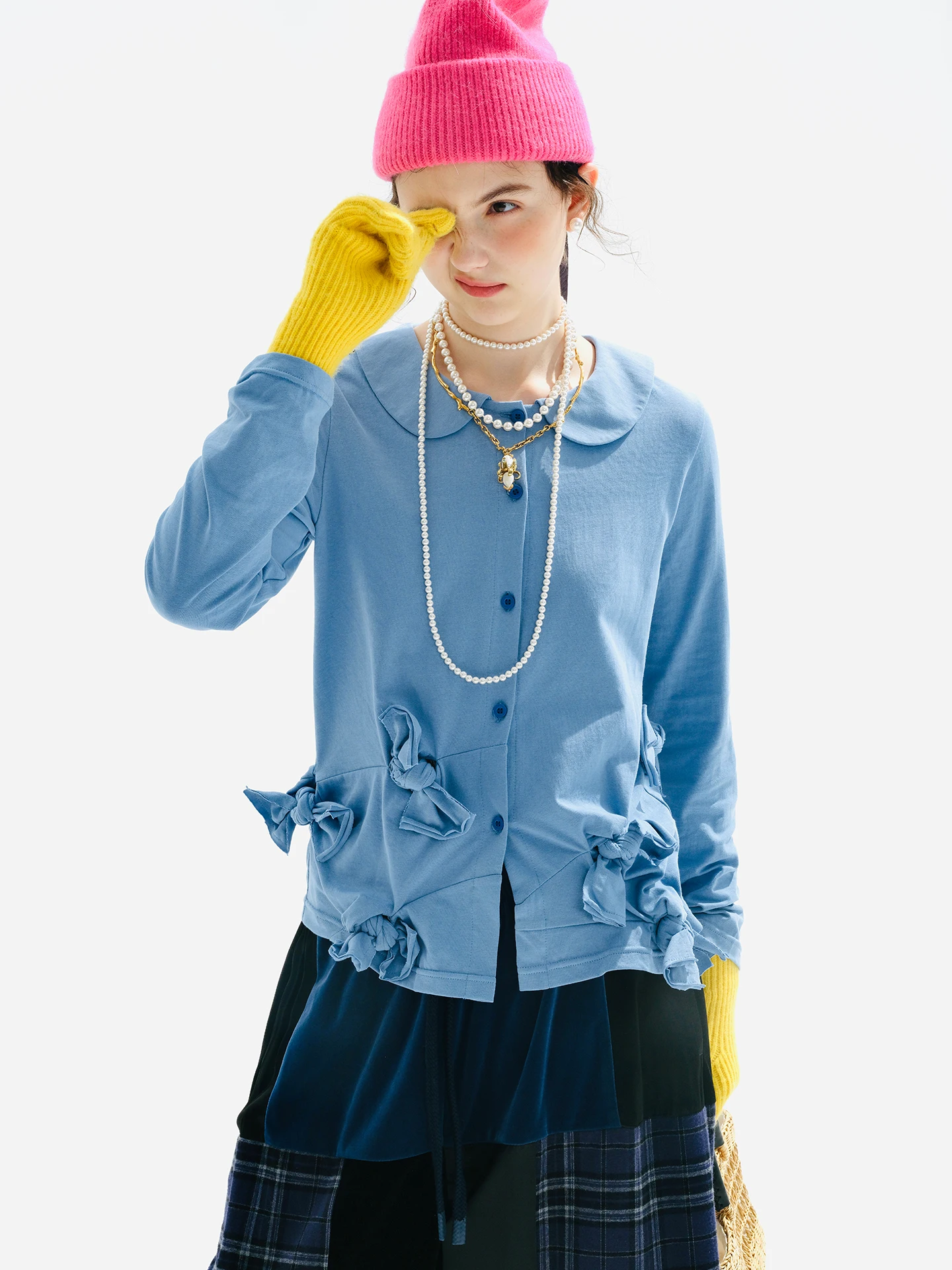 

Women's Blue Peter Pan Collar Cardigan with Flower Embellishments Long - Sleeve Casual Top 255153+255176