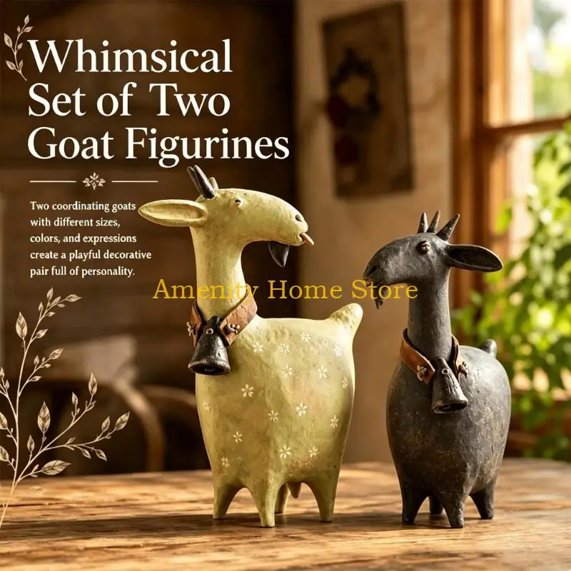 F26C Hand-Painted Resin Goat Statue with Sculpting Detail and Collar Bells Accent for Bookshelves and Tabletop Decors