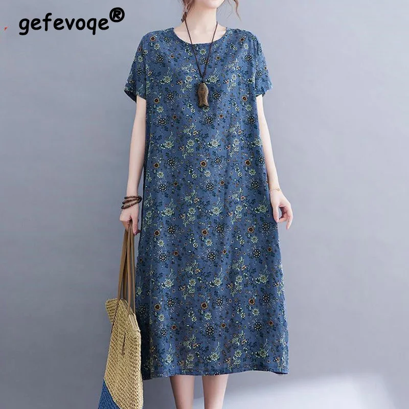 Summer Women Retro Ethnic Style Cotton Linen Floral Print Loose Casual Short Sleeve Midi Dress Elegant Fashion Dresses Vestidos