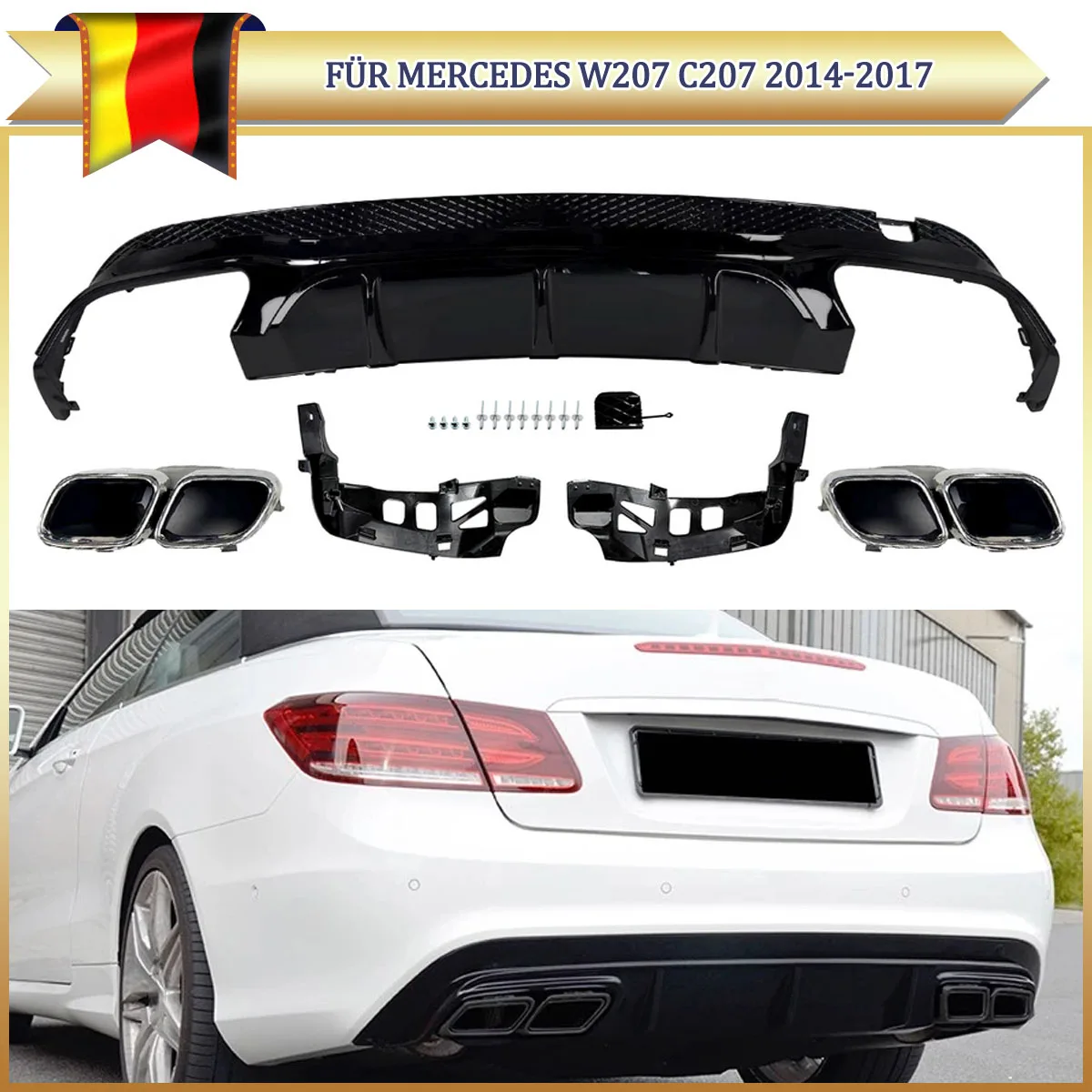 Hinterer Unterer Stoßfänger-Diffusor mit Auspuffblenden für Mercedes Benz E-Klasse C207 W207 E400 Coupé A207 Cabrio 2014-2017 Hochglanz Schwarz