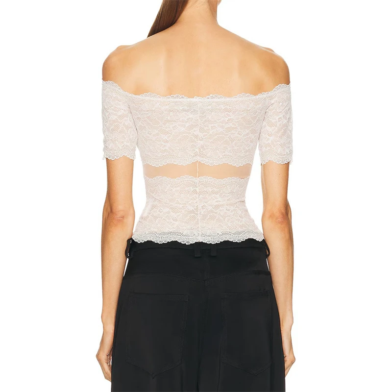 2026 High-Quality Summer New Women's Lace Trim Hollow out Shoulder Short Sleeve T-Shirt Fashion Sexy Slim Splice Top