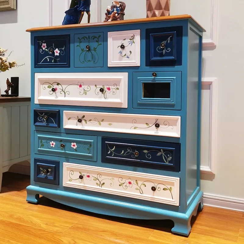 

American chest of drawers, lockers, household blue living room cabinets, solid wood Mediterranean retro bedroom storage