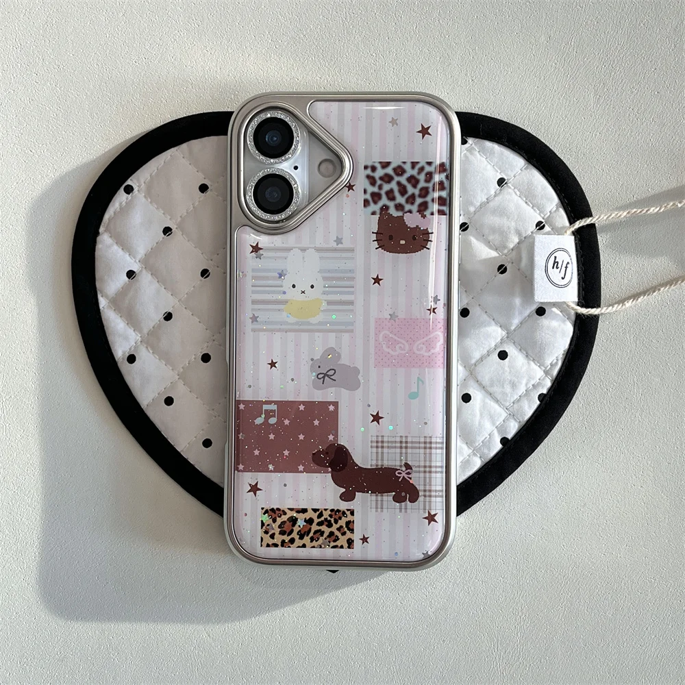 Funda de teléfono coreana con purpurina de conejo y cachorro de dibujos animados para iPhone 15, 13, 14, 16 Max 17 Pro, Fundas de galvanoplastia a la moda