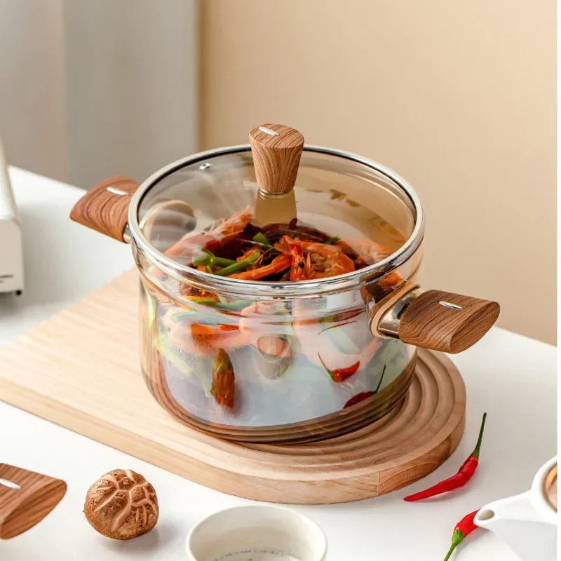 Induction Cooker Glass Pot High Temperature Resistant High Borosilicate Double Ears Transparent Soup Pot Noodles Cooking Pot