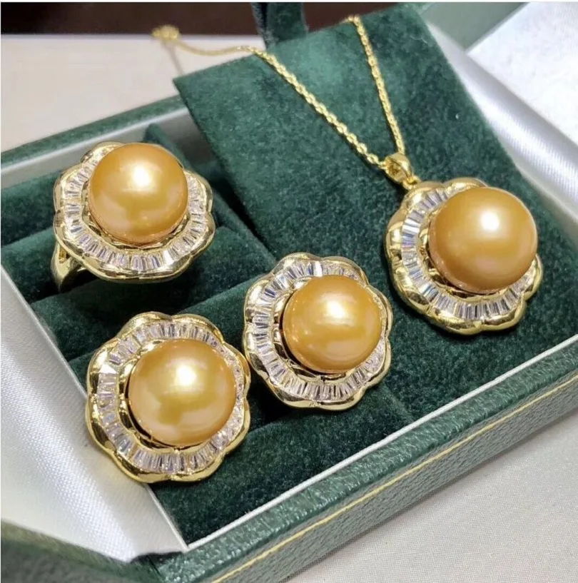 

Gorgeous AAAA 9-10mm South China Sea Gold Earstuds Pearl Pendant Earring Set 925s-