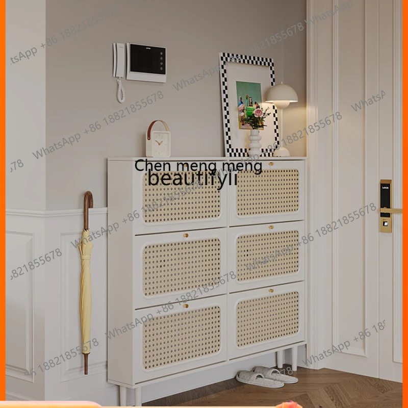 cn8350 ss cn8350 ss Cream Style Retro Ultra-Thin Tilting Shoe Cabinet Household Narrow Shoe Cabinet Living Room Rattan Shoe Cabi