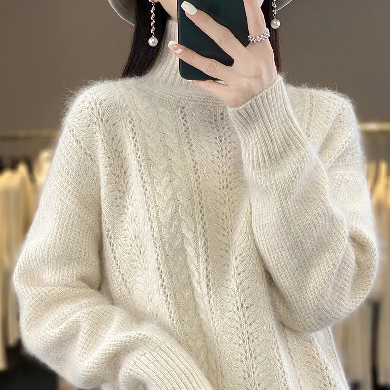 DjzDsm Autumn/Winter New 100% Mink Cashmere Women\'s Turtleneck Fashion Hollowed-Out Pullover Knit Base Long Sleeve Sweater