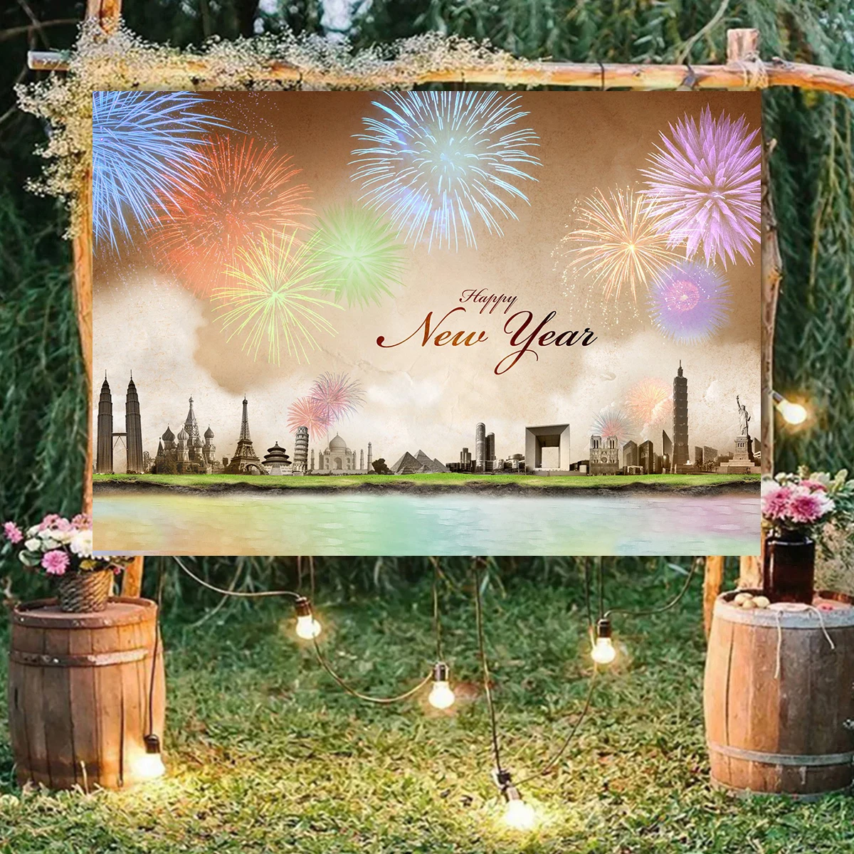 

Happy New Year Party Photography Backdrop Famous City View Background Banner Beautiful Firewoks Decoration Poster Party Photo