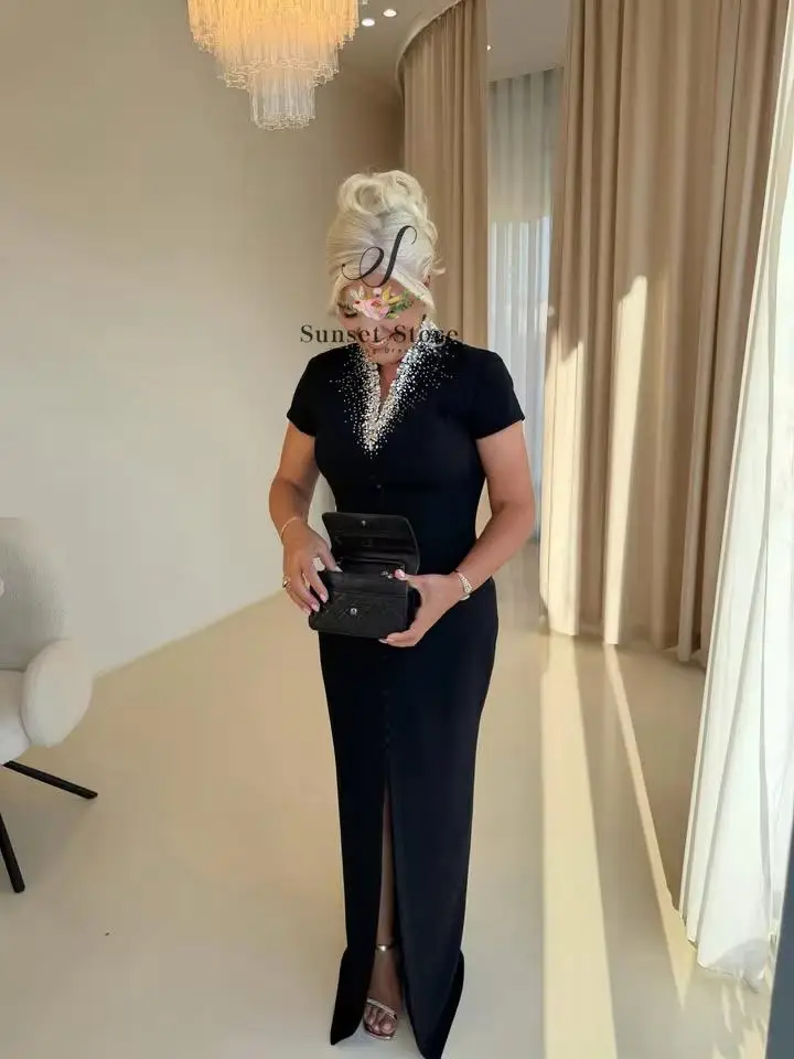 Customized  Black Rhinestone Collar Evening Dress 2026 Short Sleeve Front Split Mermaid Mother of the Bride Dress Floor Length