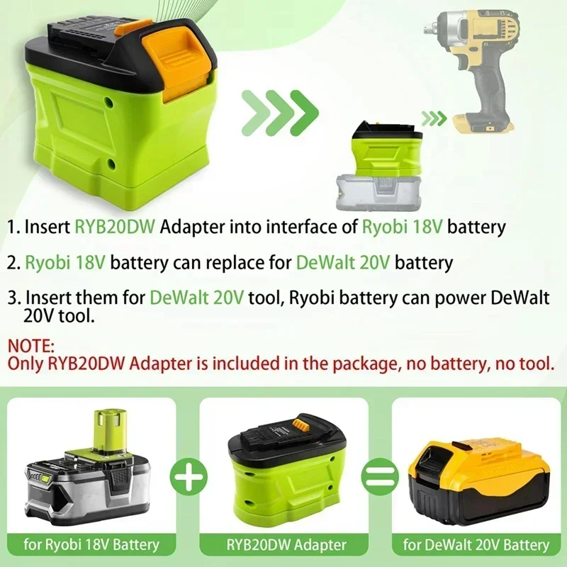 Adapter akumulatora RYB20DW do akumulatora Ryobi 18 V Konwersja na akumulator Dewalt 20 V, Adapter do narzędzi akumulatorowych Dewalt 20 V Trwałe