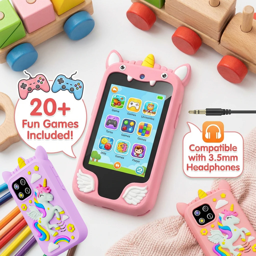 어린이 스마트폰 카메라 장난감 터치스크린 유니콘 아기 휴대폰 MP3 플레이어 디지털 카메라 교육용 장난감 (3-8세 남아 여아용)
