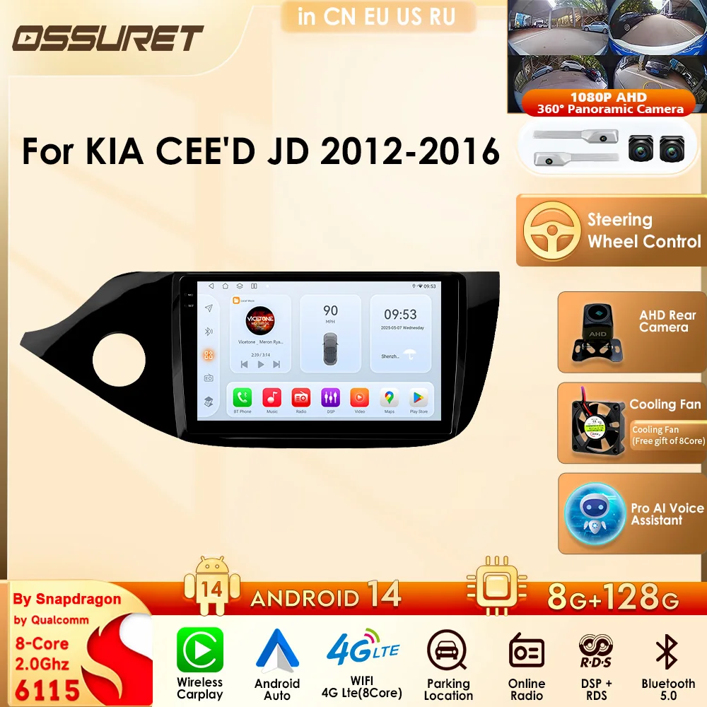 OSSURET 4G-LTE Car Stereo For KIA CEE'D JD 2012 - 2016 Carplay GPS Octa Core Android Auto Navigtion 360camera AI Voice OBD DAB+