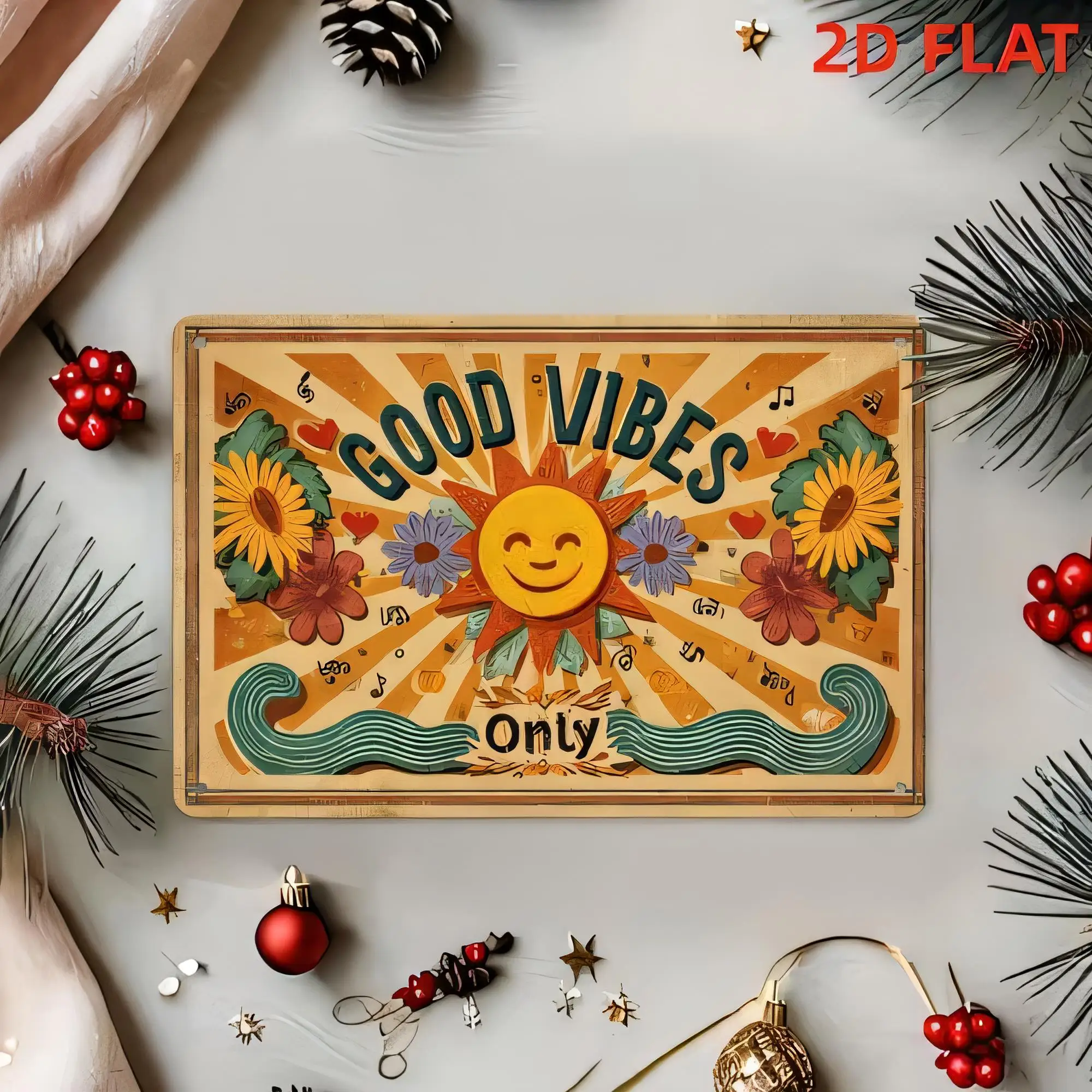 Good Vibes Only Tin Sign, 2D Retro Vintage Metal Wall Art Decor, Smiley Sun Flowers Music Notes Sunflower Beach Style Plaque for