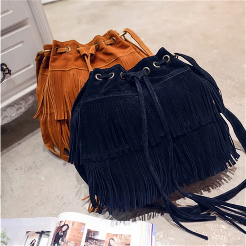 Fashion Retro Faux Suede Fringe Women Messenger Bags Tote New Handbag Tassel Shoulder Handbags Crossbody Bag Tassel Bucket