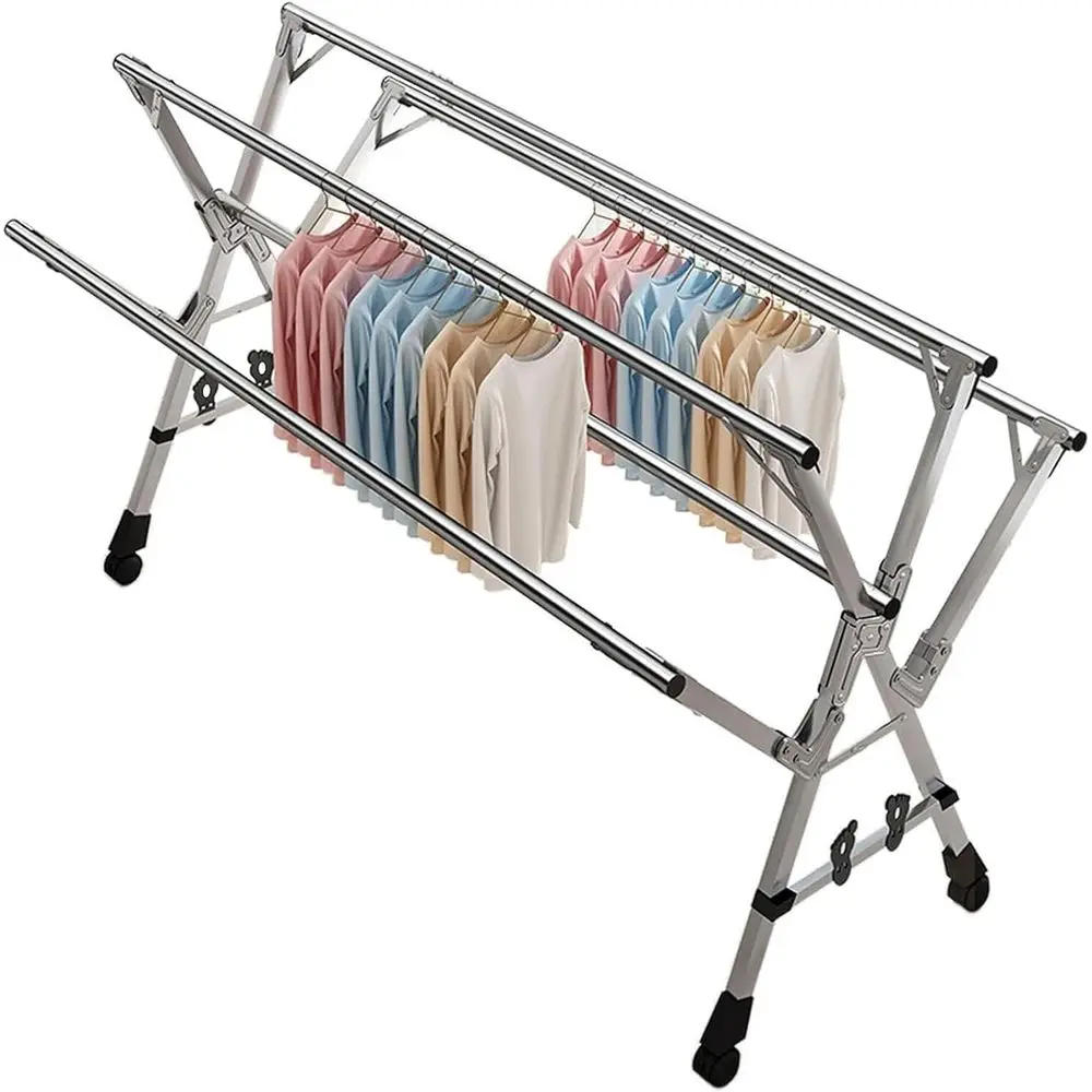 

Durable Stainless Steel Folding Clothes Drying Rack with Wheels, 63 Retractable for Indoor/Outdoor Use (94 Expanded)