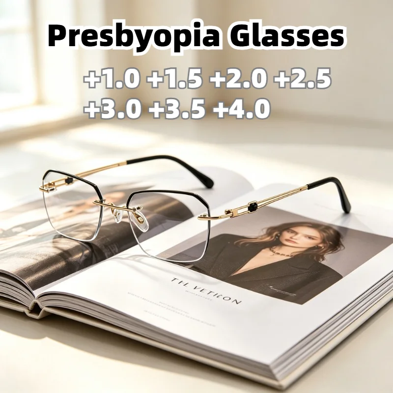 Black Gold Half Rim Presbyopia Glasses Anti Blue Light +1.0 To +4.0 Diopters Lightweight Metal Frame for Unisex Business Style