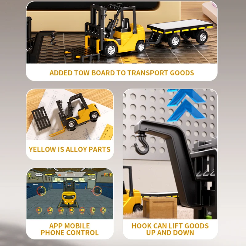 1/64 RC Forklift Toy with Trailer Fork and Hook 10 CH 3-in-1 Mini Alloy RC Engineering Vehicle for Gifts for Adults Children Boy view 3