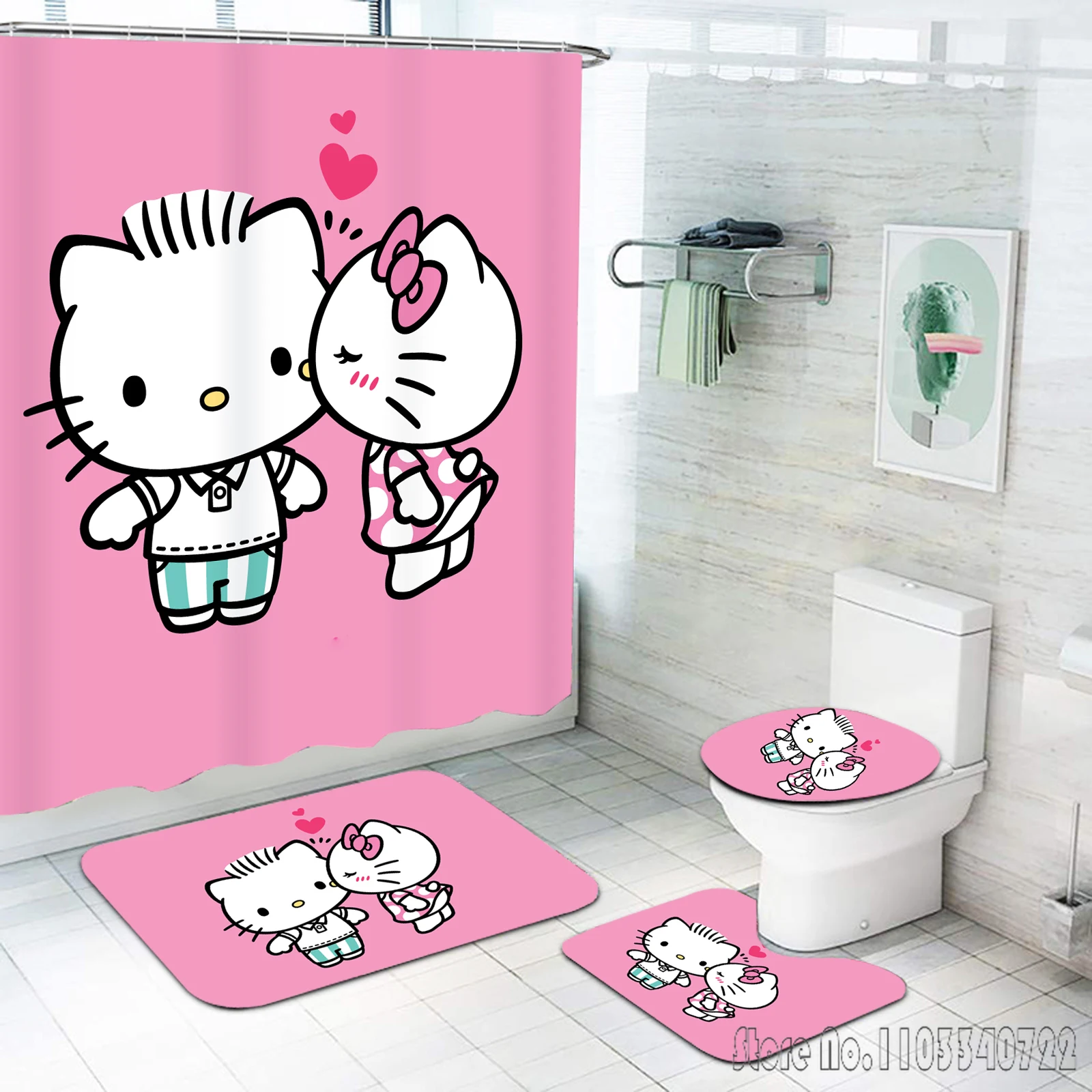 Cute Hello Kitty Anime Bath Shower Curtain Set 4pcs with Hooks Waterproof Bathroom Toilet Mat Lid Decor