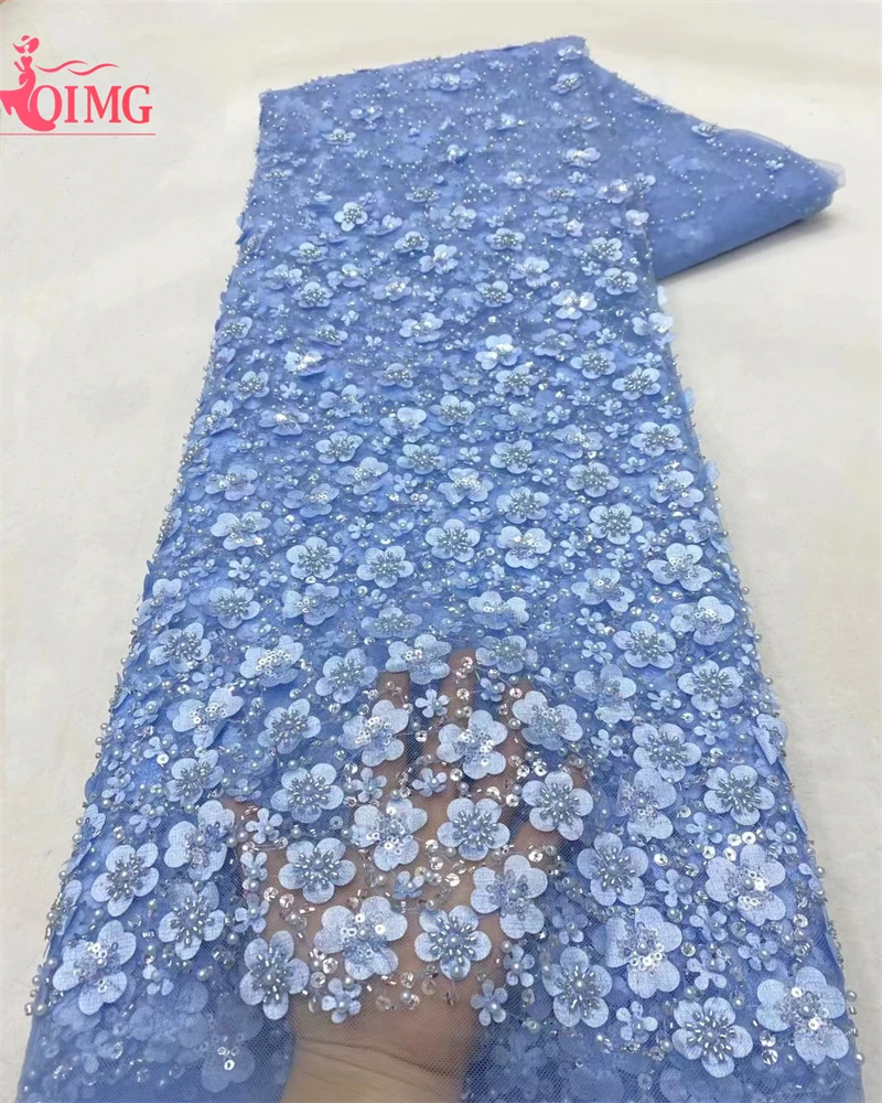 

Blue New Handmade Beaded Fabric for Luxury Evening Dresses 2024 Beaded Lace Sequins Tulle Lace Mesh Embroidered Material Cloth