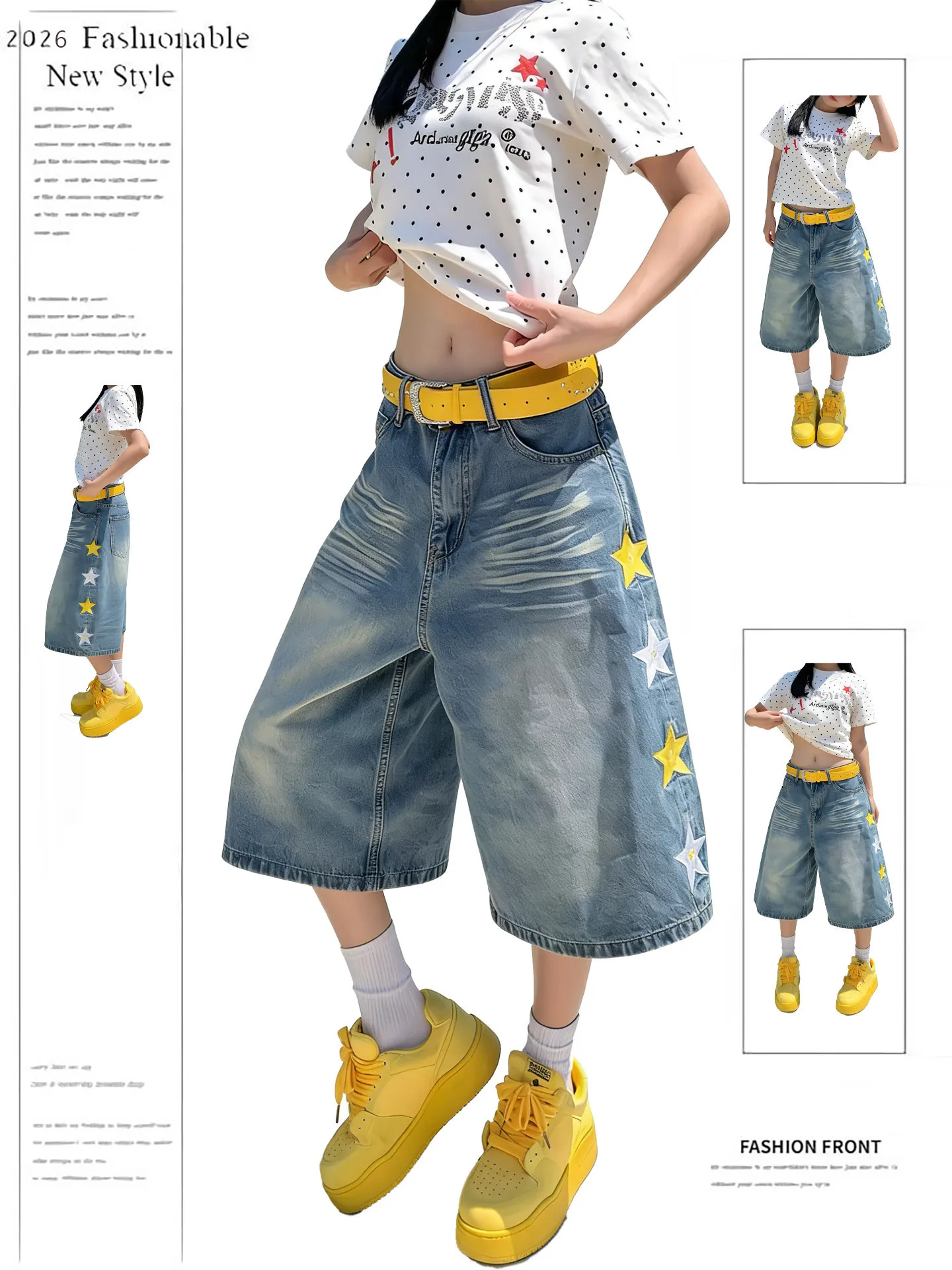 

Design Sensation Star Embroidery Denim Jeans Loose Wide Leg Shorts Pants Spring New Arrival Unisex Comfortable Fit