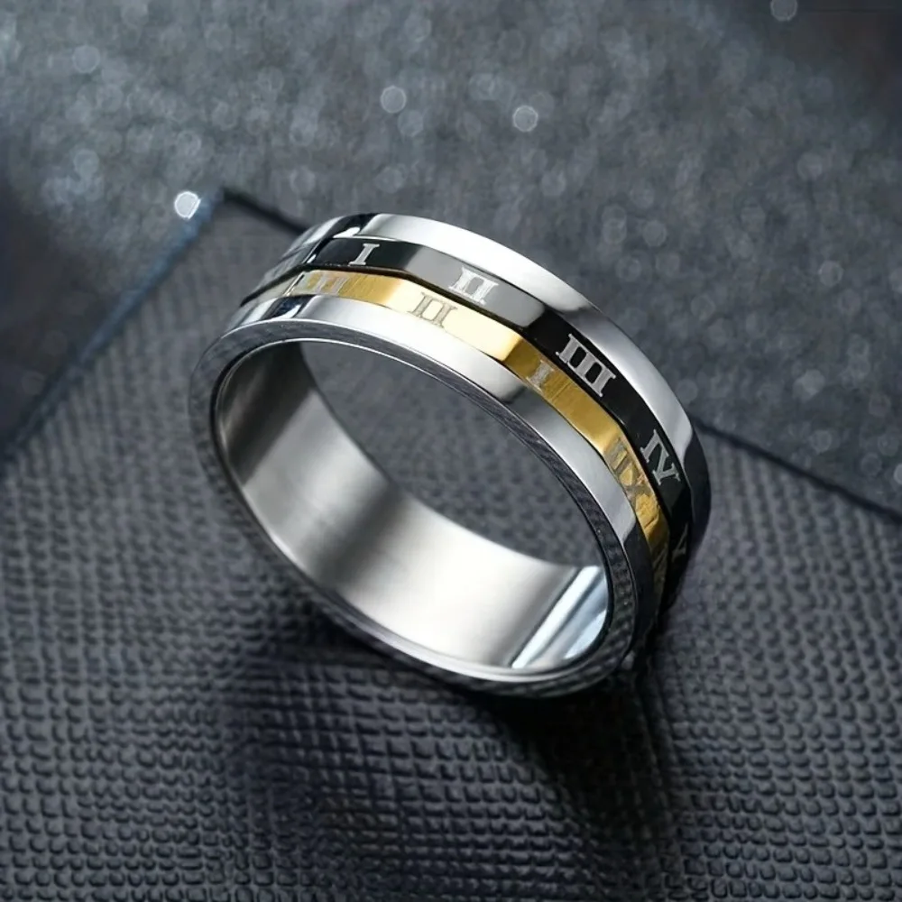 8MM Unique Men's Fashion Stainless Steel Rings Rotatable Roman Numerals Wedding Band Jewelry Engagement Party Steel Ring Gift