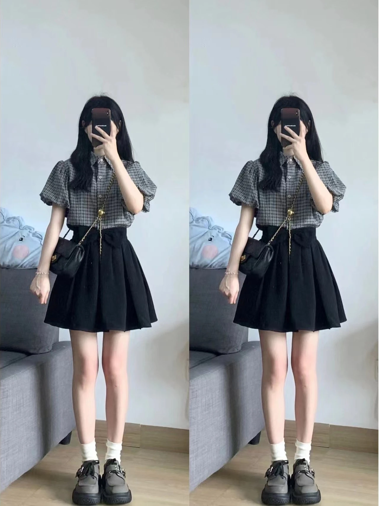 Summer Outfit Women's New Small Size Tea System Bubble Short Sleeve Plaid Shirt  Knot  Skirt Two-Piece Set